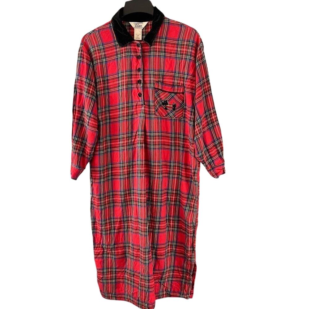 Vintage Elan Tartan Plaid Scottie Dog Embroidered Nightgown Size Large